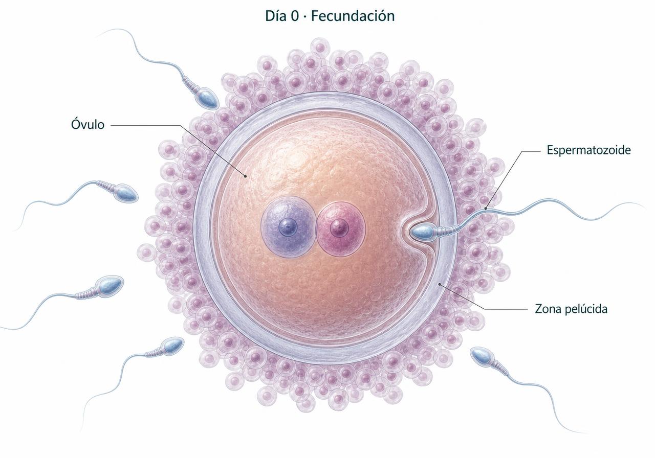 Ilustración de la fecundación del óvulo por el espermatozoide en el día 0